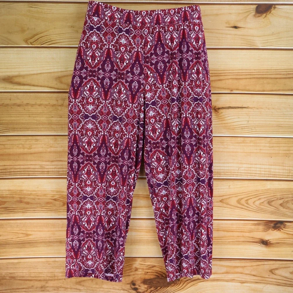 Jessica London Pants Womens Size 18/20 Maroon Paisley Elastic Waist Stretch Soft